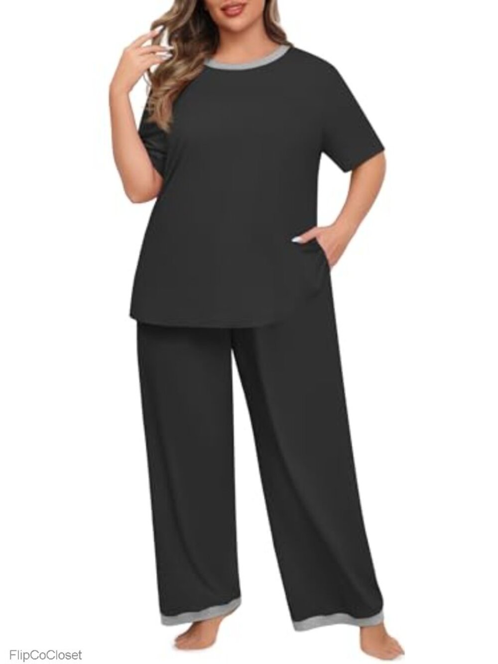 Womens Plus Size 2 Piece Pajama Set Short Sleeve Pants Sleepwear with Pockets